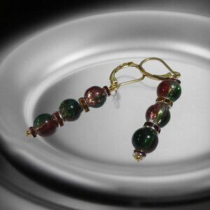 Christmas Fireball Earrings Red and Green Ombre Crackle Beads Leverbacks